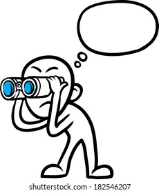 Vector illustration of cartoon doodle small person - looking in binoculars. Easy-edit layered vector EPS10 file scalable to any size without quality loss.