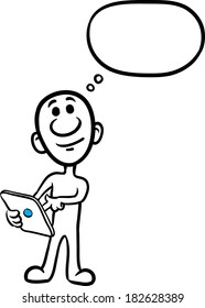 Vector illustration of cartoon doodle small person - with tablet. Easy-edit layered vector EPS10 file scalable to any size without quality loss.