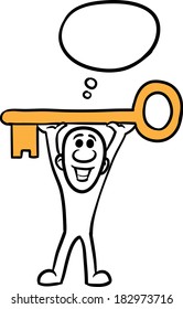 Vector illustration of cartoon doodle small person - holding a big key. Easy-edit layered vector EPS10 file scalable to any size without quality loss.