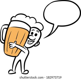 Vector illustration of cartoon doodle small person - holding a mug of beer. Easy-edit layered vector EPS10 file scalable to any size without quality loss.