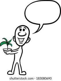 Vector illustration of cartoon doodle small person - holding green small plant. Easy-edit layered vector EPS10 file scalable to any size without quality loss.