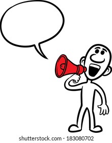 Vector illustration of cartoon doodle small person - shouting on megaphone. Easy-edit layered vector EPS10 file scalable to any size without quality loss.