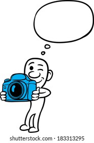 Vector illustration of cartoon doodle small person - holding photo camera. Easy-edit layered vector EPS10 file scalable to any size without quality loss.