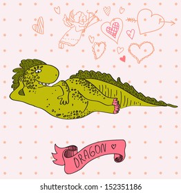 Vector illustration of  cartoon dragon. Cute pink card.