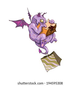 Vector illustration of cartoon dragon with sale bag