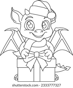 vector illustration cartoon dragon in Santa hat with gift box, symbol of 2024, New Years character, childrens coloring book, doodle and sketch