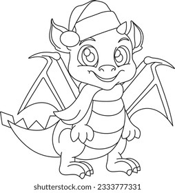 vector illustration cartoon dragon in Santa hat, symbol of 2024, New Years character, childrens coloring book, doodle and sketch
