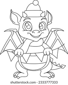 vector illustration cartoon dragon in Santa hat with garland, symbol of 2024, New Years character, childrens coloring book, doodle and sketch