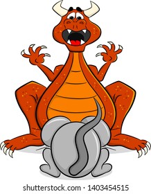 vector illustration of a cartoon dragon who is afraid of a mouse