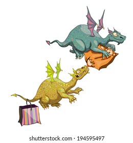 Vector illustration of cartoon dragons with donuts