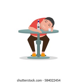 Vector illustration cartoon drunken man sleeping on a table. Isolated white background. Concept male alcoholism. Flat style. Sleeping drunk human. Icon man alcoholic. Heavy alcohol intoxication.