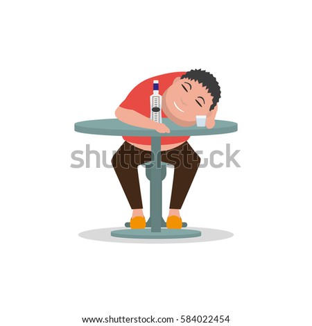 Vector illustration cartoon drunken man sleeping on a table. Isolated white background. Concept male alcoholism. Flat style. Sleeping drunk human. Icon man alcoholic. Heavy alcohol intoxication.