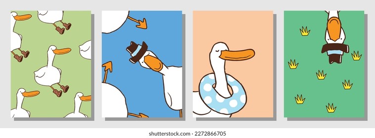 Vector Illustration of Cartoon Duck Postcard Set