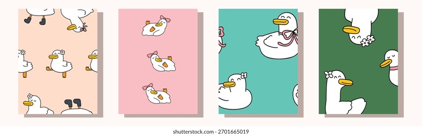 Ilustração vetorial do conjunto de cartões postais Cartoon Duck. Ilustração de vetor desenhada à mão. Não gerado IA.