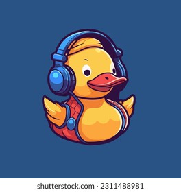 Vector illustration of a cartoon duck wearing headphones on a blue background