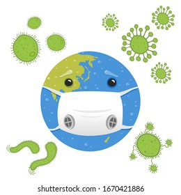 Vector illustration of cartoon earth character with corona virus