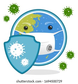 Vector illustration of Cartoon earth with coronavirus shield