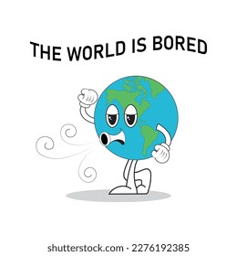 Ilustración vectorial de la mascota de la Tierra de dibujos animados que está aburrida de su mundo. Ilustración vectorial de caracteres con citas sobre la vida.
