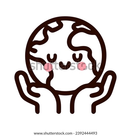 Vector illustration of a cartoon Earth with smiling faces and horny cheeks, sharpened by hands in the gesture of a careful triman. Ideal for topics related to ecology, light harmony, children's lighti
