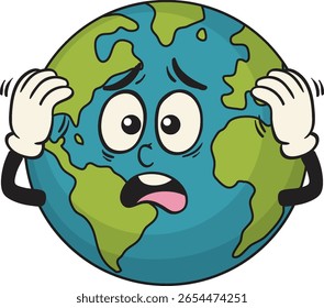 Vector illustration of a cartoon Earth with a worried expression, vibrant colors, and bold outlines conveying environmental concern