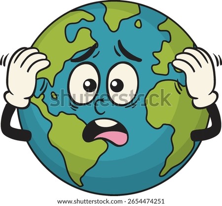 Vector illustration of a cartoon Earth with a worried expression, vibrant colors, and bold outlines conveying environmental concern
