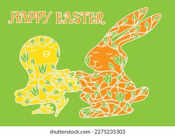 Vector illustration of cartoon Easter bunny and chick dancing with Happy Easter message