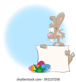 Vector illustration of a cartoon Easter bunny with Easter Eggs and blank sign for your text
