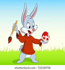 Vector illustration. Cartoon easter rabbit paint the egg on grass background