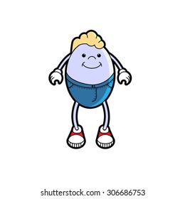 Vector Illustration of Cartoon egg character. Pop art comic character of funny food. Anime kid character. Comics caricature of child. boy in sneakers and gloves
