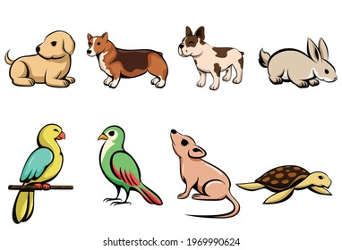 Vector illustration cartoon of eight different pet animals with puppy dog rabbit parrot bird mouse and turtle