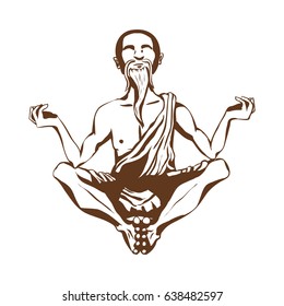 Vector illustration of cartoon elderly monk with white beard, wearing robes, meditating. Brown lineart isolated on white background.