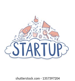 Vector illustration with cartoon element. Personal growth concept,Startup word with different element, Business vector illustration.