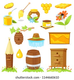 Vector illustration of cartoon elements of beekeeping on white background.