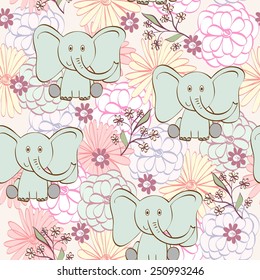 Vector illustration with cartoon elephant with flowers. Seamless pattern