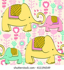 Vector illustration with cartoon elephant with flowers. Seamless pattern