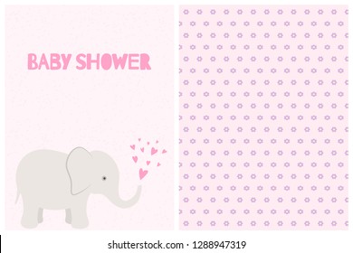 Vector illustration with cartoon elephant and inscription "baby shower" and seamless pattern with flowers. For birthday or party invitation and so for pajamas, nursery baby room poster, print design.