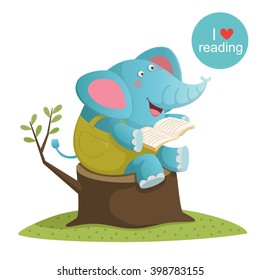 Vector illustration of cartoon elephant reading a book