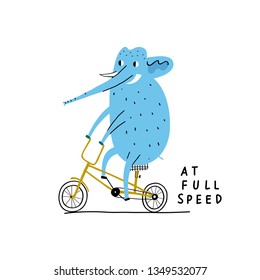 Vector illustration of a cartoon elephant riding on a bicycle. Can be used for baby t-shirt print, fashion print design, kids wear, baby shower celebration greeting and invitation card.