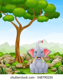Vector illustration of Cartoon elephant sitting in the jungle
