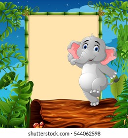 Vector illustration of Cartoon elephant standing on hollow log near the empty framed signboard