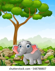 Vector illustration of Cartoon elephant walking in the jungle