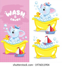 Vector illustration of a cartoon elephant and a yellow rubber duck in a soapy foam.Cute Baby elephant is bathing in the bathtub. Vector print for children. Cartoon character of kids animals.
Funny kid