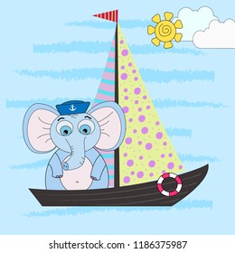 Vector illustration of a cartoon elephant-sailor on a ship. Marine illustration.