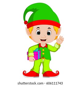 vector illustration of Cartoon elf holding gift box