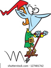 A vector illustration of cartoon elf jumping on a pogo stick