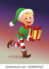 Vector illustration of cartoon elf running while holding a gifts