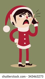Vector illustration of a cartoon elf talking on the phone. He looks upset. Character isolated from background.