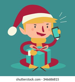 Vector illustration of a cartoon elf talking on the phone and holding a present.