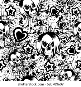 Vector illustration cartoon emo girl skull with hair and  crossed bones. Hearts and stars. Seamless black and white background. For t-shirt design or print on textile.