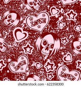 Vector illustration cartoon emo girl skull with hair. Hearts with inscription love and stars. Seamless background. For t-shirt design or print on textile.